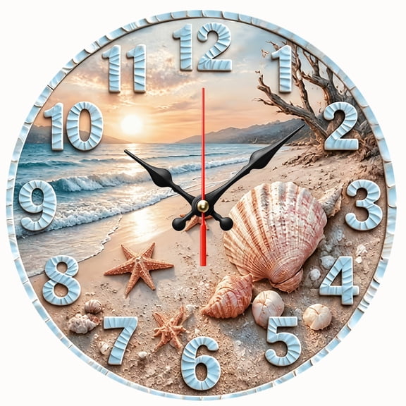 2D Flat Wooden Wall Clock,Beach Sunset Seashell Starfish Wall Clock, Silent Non‑Ticking Round Wall Clock, Coastal Ocean Art Decor Clock for Bathroom, Beach House Decoration,AA Battery Not Included