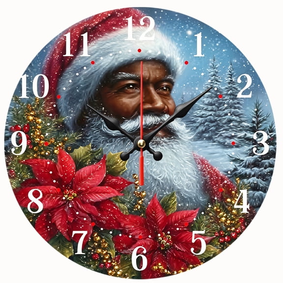 2D Flat Wooden Wall Clock,Black Santa Claus Poinsettia Christmas Wall Clock,Snow Winter Xmas Art Decor Clock for Home, Holiday Party Decoration,AA Battery Not Included