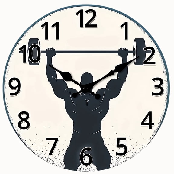 2D Flat Wooden Wall Clock,Bodybuilder Lifting Barbell Gym Wall Clock, Fitness Workout Room Motivational Decor Clock - AA Battery Not Included