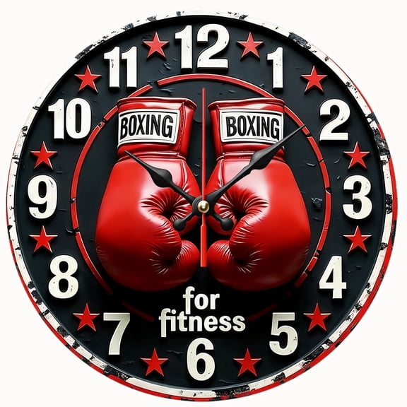 2D Flat Wooden Wall Clock,Boxing Glove Wall Clock, Silent Non‑Ticking Round Wall Clock, Retro Red Boxing Gloves Fitness Themed Clock for Gym, Man Cave, Home Decoration,AA Battery Not Included