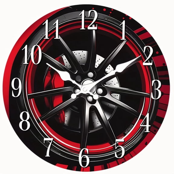 2D Flat Wooden Wall Clock,Car Wheel Rim Wall Clock, Silent Non‑Ticking Round Wall Clock, Racing Wheel Tire Art Decor Clock for Garage, Man Cave, Auto Shop Home Decoration,AA Battery Not Included