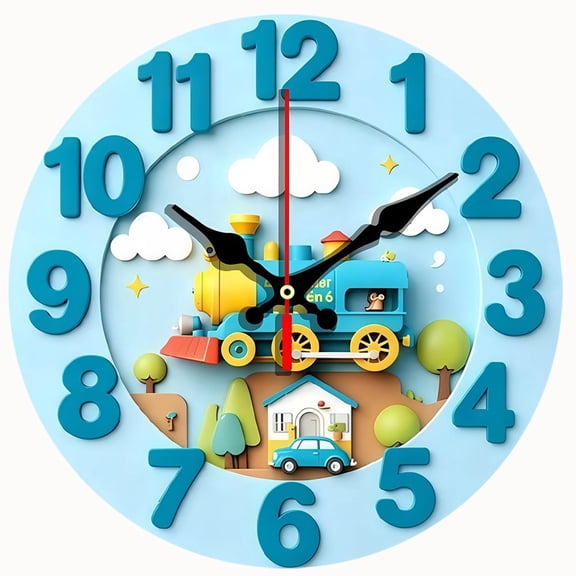 2D Flat Wooden Wall Clock,Cartoon Little Train themed wooden circular wall clock, suitable for decoration in bedrooms, living rooms and offices,for Christmas and New Year - AA Battery Not Included