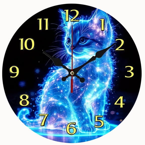 2D Flat Wooden Wall Clock, Cat Design, Silent Non-Ticking With Luminous Face & Kitten Hands, Round, For Bedroom, Cat Lover Gift, AA Battery Not Included