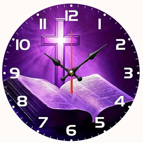 2D Flat Wooden Wall Clock,Christian Cross Bible Religious Wall Clock, Silent Non‑Ticking Round Wall Clock,for Chapel, Home Wall Decoration,AA Battery Not Included