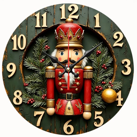 2D Flat Wooden Wall Clock,Christmas Nutcracker Wall Clock,Silent Non‑Ticking Round Wall Clock,Holiday Rustic Art Decor Clock for Farmhouse,Xmas Party Decoration,AA Battery Not Included