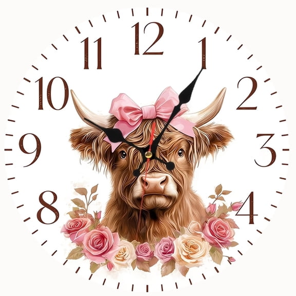 2D Flat Wooden Wall Clock,Cute Cow with Pink Bow & Rose Floral Art Decor Clock for Bedroom, Living Room, Farmhouse Home Decoration,AA Battery Not Included