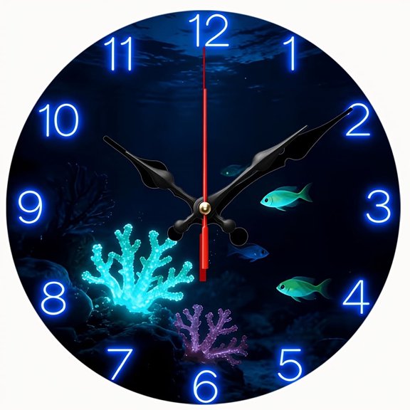 2D Flat Wooden Wall Clock,Does not emit light Coral Underwater Night Scene Design, Vintage Sci-Fi Ocean Style, Silent Non-Ticking,for Farmhouse, Patio, Garden - AA Battery Not Included