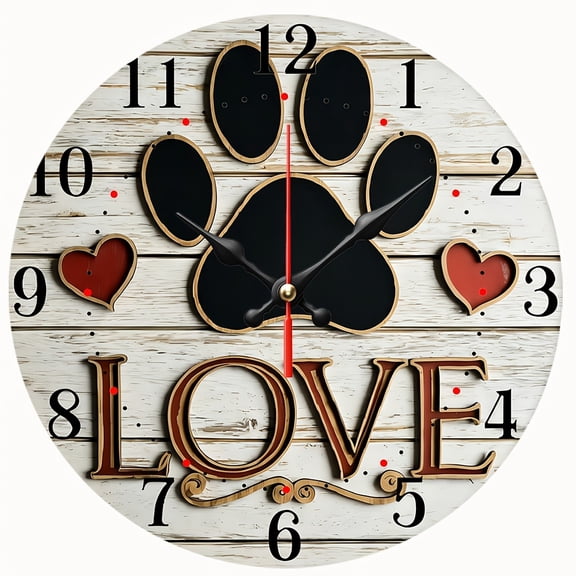 2D Flat Wooden Wall Clock,Dog Paw Love Heart Wooden Wall Clock, Silent Non‑Ticking Round Wall Clock, Pet Lover Art Decor Clock for Farmhouse,Home Decoration,AA Battery Not Included