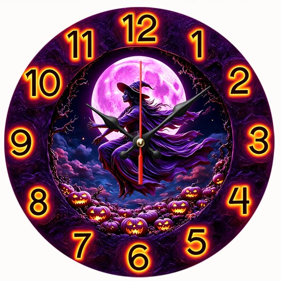 2D Flat Wooden Wall Clock,Flying Witch Full Moon Halloween Wall Clock, Silent Non‑Ticking Round Wall Clock,for Halloween Party, Home Decoration,AA Battery Not Included
