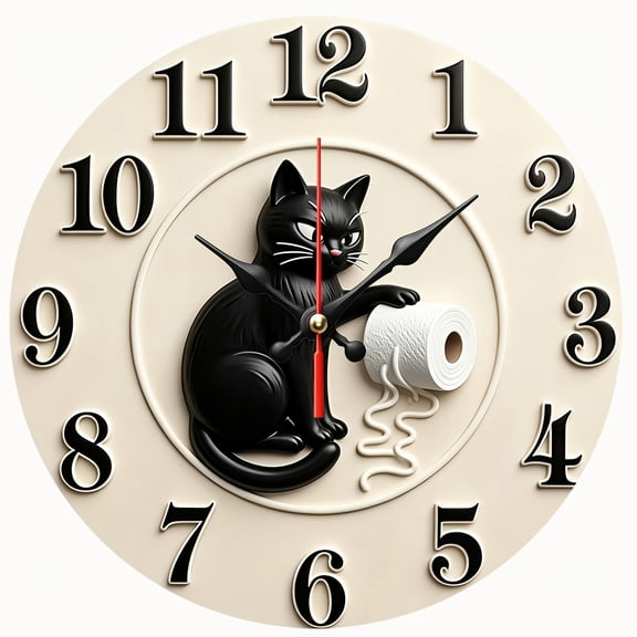2D Flat Wooden Wall Clock,Funny Black Cat Toilet Paper Wall Clock,Cute Cat Kitten Art Decor Clock for Bathroom,Restroom,Farmhouse Home Decoration,AA Battery Not Included