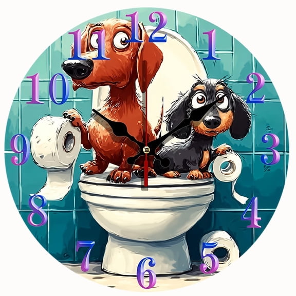 2D Flat Wooden Wall Clock,Funny Dachshund Dog Bathroom Wall Clock, Silent Non‑Ticking Round Wall Clock,for Restroom, Bathroom Home Decoration,AA Battery Not Included