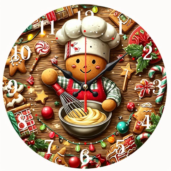 2D Flat Wooden Wall Clock,Gingerbread Chef Christmas Wall Clock, Silent Non‑Ticking Round Wall Clock, Holiday Baking Art Decor Clock for Kitchen, Farmhouse Decoration,AA Battery Not Included