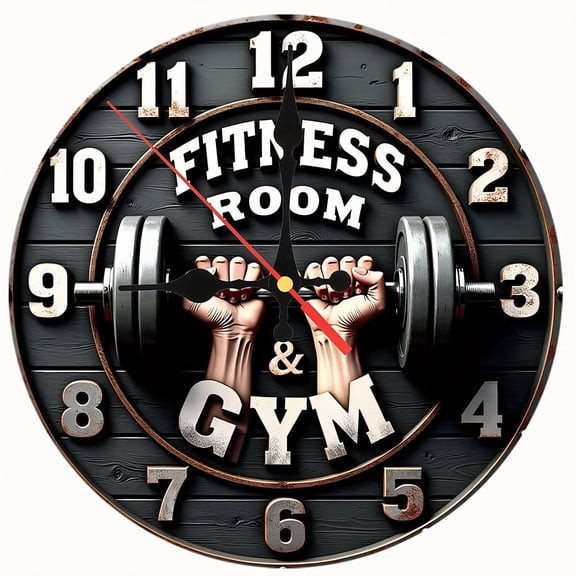 2D Flat Wooden Wall Clock,Gym Fitness Wall Clock, Silent Non‑Ticking, Gym Room Man Cave Wall Decor,AA Battery Not Included
