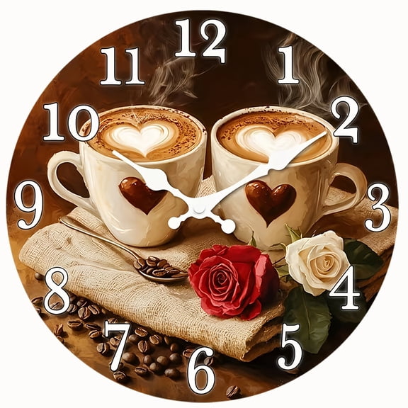 2D Flat Wooden Wall Clock, Modern Coffee & Roses Printed Silent Decorative Timepiece for Bedroom, Living Room, Dining Room & Hallway, AA Battery Not Included