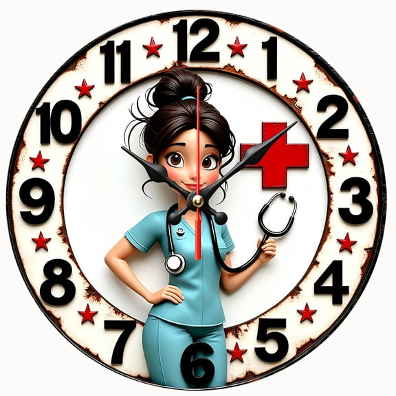 2D Flat Wooden Wall Clock,Nurse Medical Theme Wall Clock, Silent NonTicking Round Wall Clock,for Clinic, Hospital, Nurse Office Wall Decoration,AA Battery Not Included