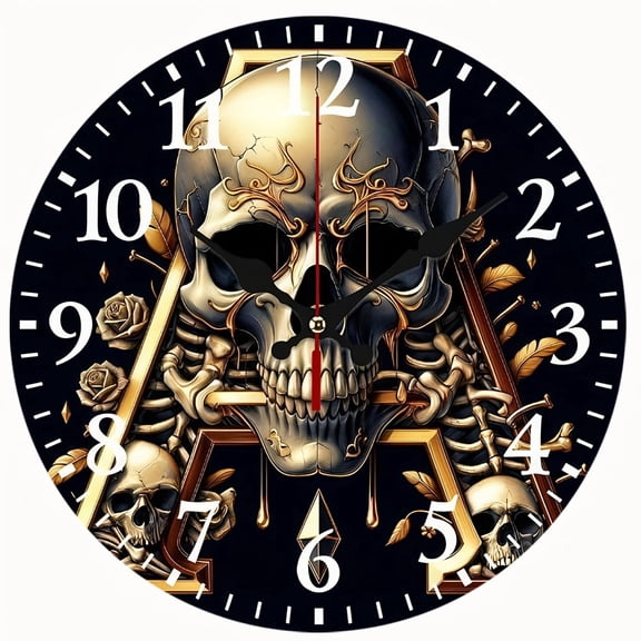 2D Flat Wooden Wall Clock,Ornate Skull Gothic Wall Clock, Dark Horror Halloween Themed Decor Wall Clock - AA Battery Not Included