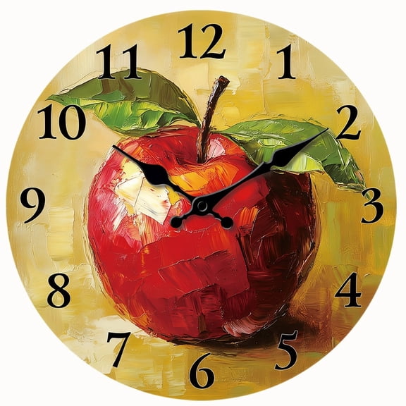2D Flat Wooden Wall Clock,Red Apple Still Life Painting Wall Clock, Farm Kitchen Fruit Theme Decor Clock - AA Battery Not Included