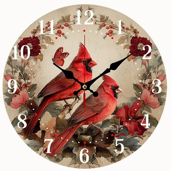 2D Flat Wooden Wall Clock, Red Cardinal Bird Silent Non-Ticking Wall Decor, Vintage Farmhouse Wood Grain Clock for Kitchen Bedroom Office, AA Battery Not Included