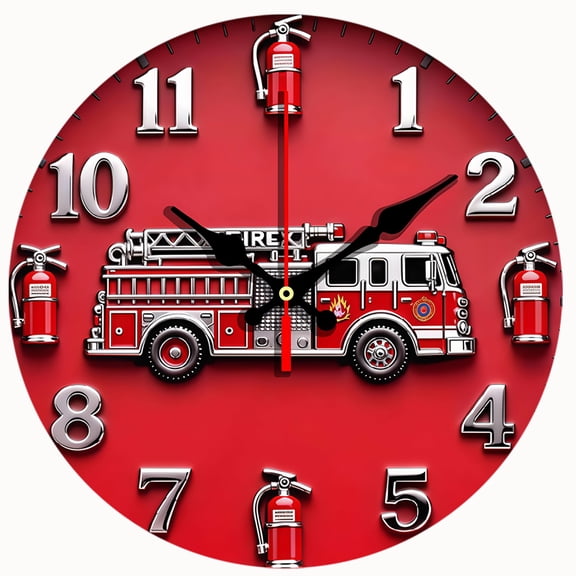 2D Flat Wooden Wall Clock,Red Fire Engine theme wooden circular silent wall clock, suitable for modern home art decoration, wall decoration - AA Battery Not Included