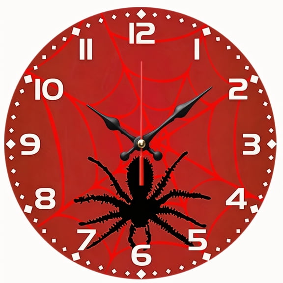 2D Flat Wooden Wall Clock,Red Spider Web Spider Wall Clock,Halloween Creepy Arachnid Art Decor Clock for Bar, Gothic Home Decoration,AA Battery Not Included