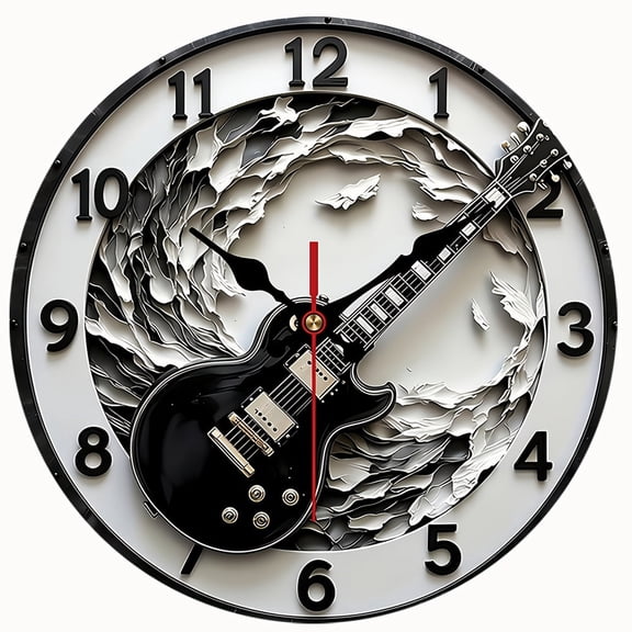 2D Flat Wooden Wall Clock,Rock Black Electric Guitar Abstract Wave Wall Clock, Music Lover Bedroom Decor Hanging Clock - AA Battery Not Included