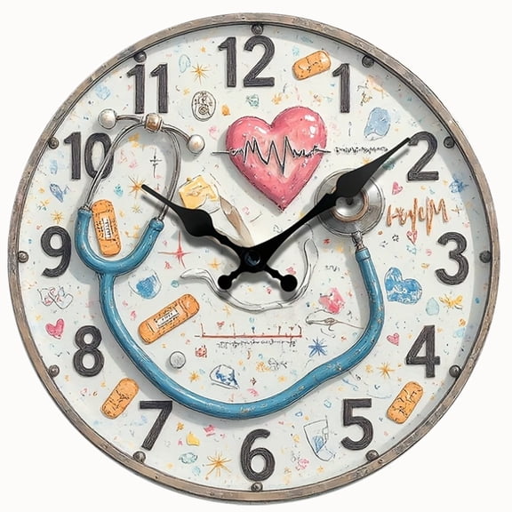 2D Flat Wooden Wall Clock, Stethoscope Theme Round Design, Silent Non-Ticking with Decorative Numbers for Home Decor, AA Battery Not Included