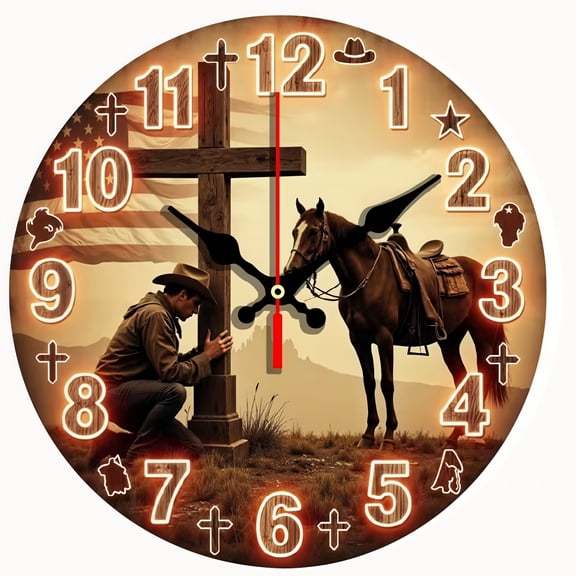 2D Flat Wooden Wall Clock Rustic American Cowboy And Horse-Themed Wall Clocks,Silent Non-Ticking Round Clocks,Suitable for Living Rooms, Kitchens - AA Battery Not Included