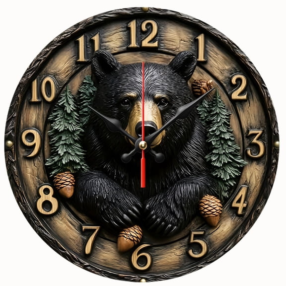 2D Flat Wooden Wall Clock,Rustic Black Bear Forest Wall Clock, Silent Non‑Ticking Round Wall Clock, Wildlife Cabin Art Decor Clock for Lodge,Home Decoration,AA Battery Not Included
