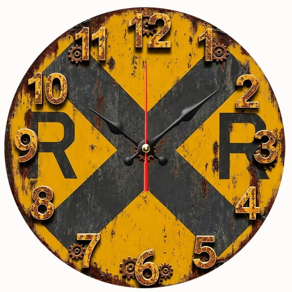 2D Flat Wooden Wall Clock,Rusty Railroad Crossing Vintage Wall Clock,Industrial Retro Train Theme Decor Clock for Garage, Man Cave Decoration,AA Battery Not Included