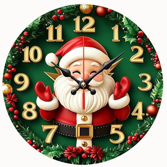 2D Flat Wooden Wall Clock,Santa Claus Christmas Wall Clock, Silent NonTicking Round Wall Clock,for Holiday, Living Room, Fireplace Decoration,AA Battery Not Included