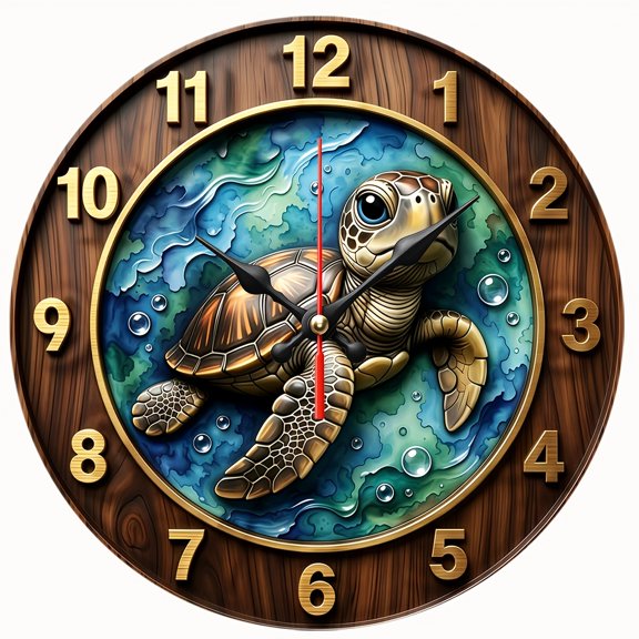 2D Flat Wooden Wall Clock,Sea Turtle Ocean Wave Wall Clock, Silent NonTicking Round Wall Clock, Marine Animal Art Decor Clock for Bathroom, Beach House Decoration,AA Battery Not Included