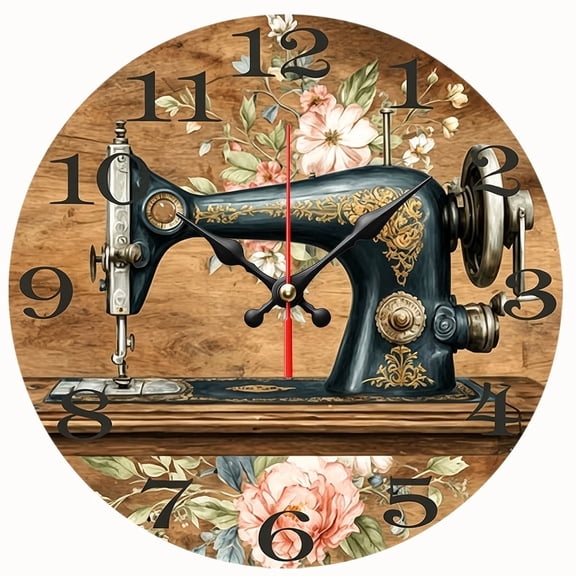 2D Flat Wooden Wall Clock, Sewing Machine Design, Tailor's Shop Non Ticking Silent Quartz Clock, for Bedroom Living Room Office Gym Kitchen Bathroom - AA Battery Not Included