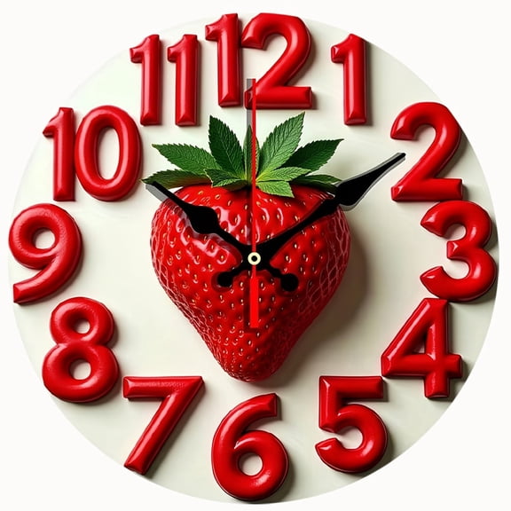 2D Flat Wooden Wall Clock,Strawberry Fruit Wall Clock, Silent Non‑Ticking Round Wall Clock,Red Strawberry Decor Clock for Kitchen, Bedroom, Cute Home Decoration,AA Battery Not Included