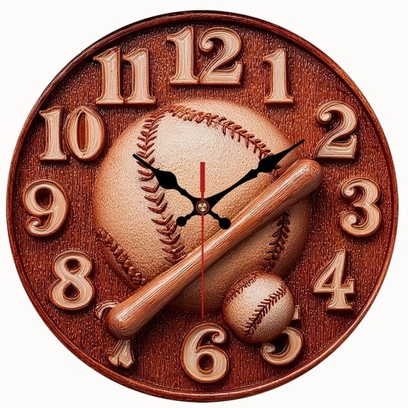 2D Flat Wooden Wall Clock,Vintage Baseball Wall Clock, Silent Non‑Ticking Round Wall Clock,for Game Room, Man Cave, Sports Fan Home Decoration,AA Battery Not Included