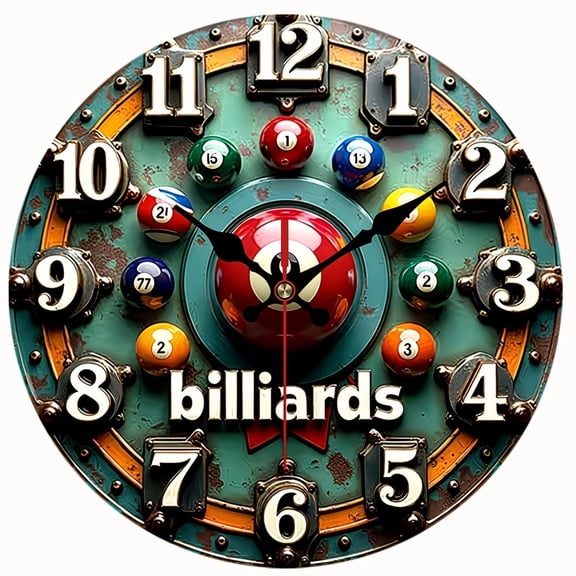 2D Flat Wooden Wall Clock, Vintage Billiards, Silent Non‑Ticking,Game Room Bar Wall Decor, AA Battery Not Included