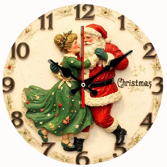 2D Flat Wooden Wall Clock,Vintage Christmas Wall Clock, Santa Claus Dancing with Girl Figurine,Festive Holiday Decor,for Christmas - AA Battery Not Included