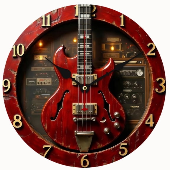 2D Flat Wooden Wall Clock,Vintage Electric Guitar Wall Clock,Silent Non-Ticking Retro Music-Themed,Decor for Bedroom Office Cafe Gift - AA Battery Not Included