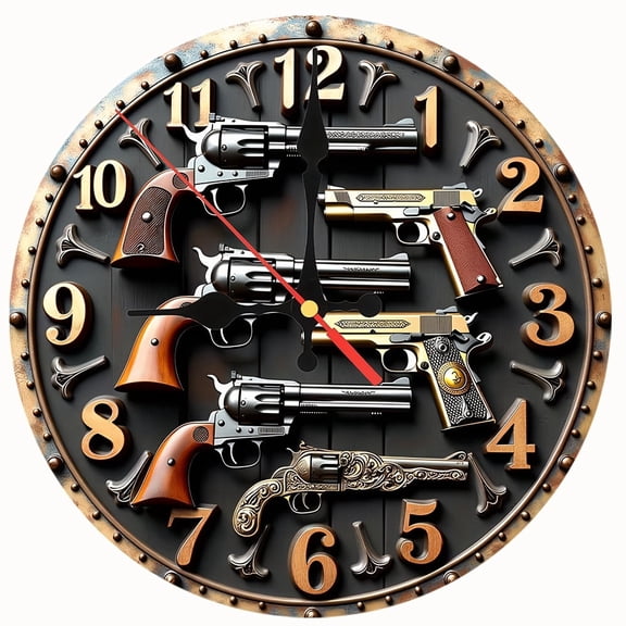 2D Flat Wooden Wall Clock,Vintage Gun Pistol Wall Clock, Silent Non‑Ticking Round Wall Clock, Retro Western Firearm Art Decor Clock for Man Cave, Garage, Bar, Home Decoration,AA Battery Not Included