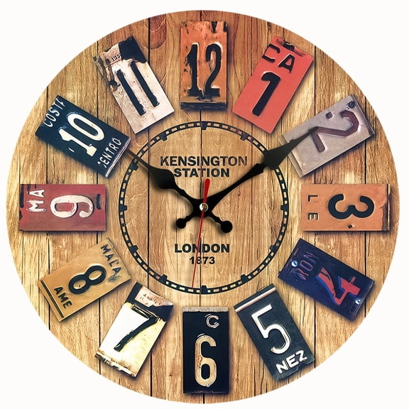 2D Flat Wooden Wall Clock, Vintage London Kensington Station License Plate Design, Silent Non-Ticking Quartz for Industrial Bar & Garage Decor, AA Battery Not Included