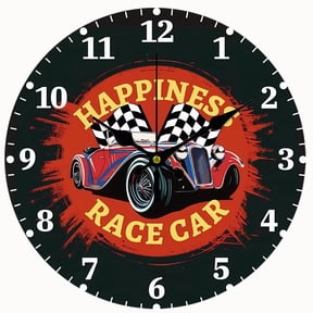 2D Flat Wooden Wall Clock,Vintage Racing Car Wall Clock,Wall Clocks Racing Flag Non Ticking Silent Clocks Decorative Clock for Living Room Office Bedroom Home Decor - AA Battery Not Included