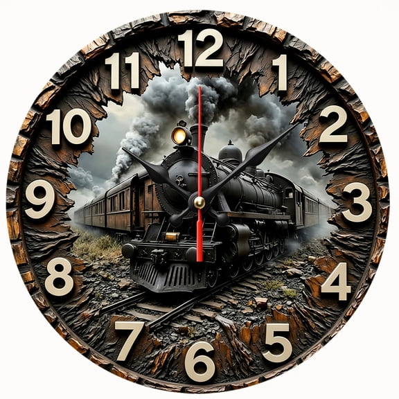 2D Flat Wooden Wall Clock,Vintage Steam Locomotive Wall Clock,Retro Old Train Smoke Art Decor Clock for Man Cave, Study Room, Railway Enthusiast Home Decoration,AA Battery Not Included