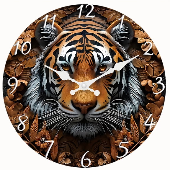 2D Flat Wooden Wall Clock,Vintage Tiger Wall Clock,Wild Animal Round Wall Clock, Silent Non‑Ticking Wall Clock, Wildlife Art Decor for Living Room, Man Cave,AA Battery Not Included