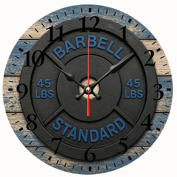 2D Flat Wooden Wall Clock,Weight Plate Wall Clock, Barbell 45 LBS Gym Fitness Decor, Rustic Blue Wood Look Clock for Home Gym, Office and Bedroom - AA Battery Not Included
