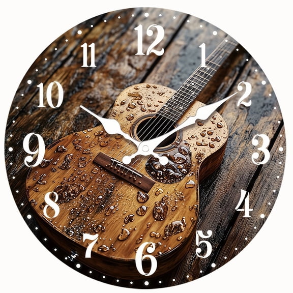 2D Flat Wooden Wall Clock,Wet Wooden Acoustic Guitar Wall Clock, Musician Rustic Farmhouse Decor Clock - AA Battery Not Included