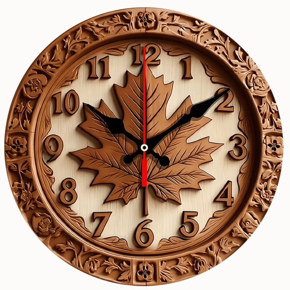 2D Flat Wooden Wall Clock,Wooden maple leaf silent wooden wall clock is an ideal gift for Halloween, Easter and Christmas. - AA Battery Not Included