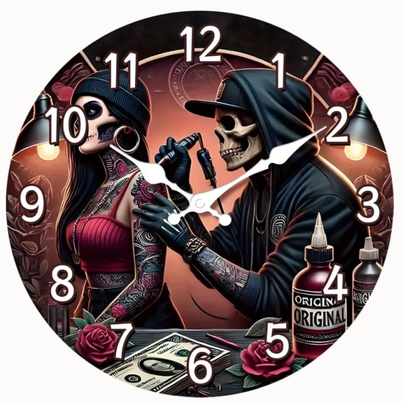 2D Flat Wooden Wall Clock An vintage skull tattoo artist wooden wall clock,silent decorative wall clock, suitable for living room, bedroom, kitchen, office - AA Battery Not Included