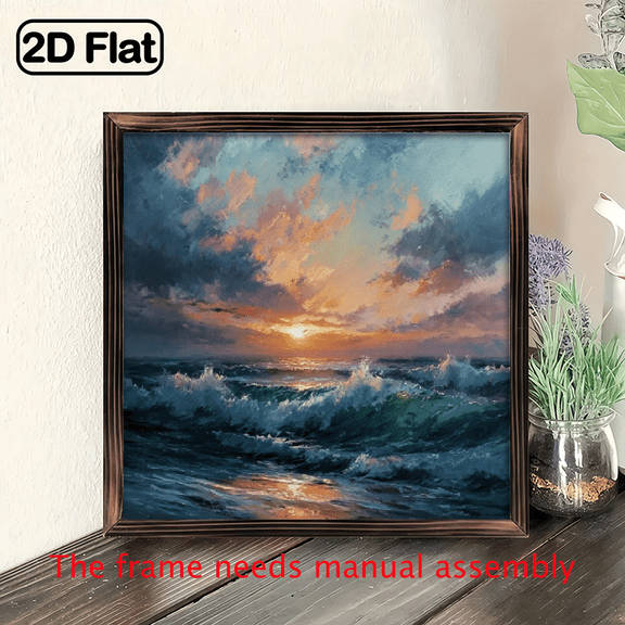 2D Flat Wrapped Canvas Poster - Ocean Waves Sunset Art Print, Wooden Frame, Vibrant Coastal Scene for Living Room, Bedroom, Bathroom Decor, Coastal Home Decor,wooden framed painting