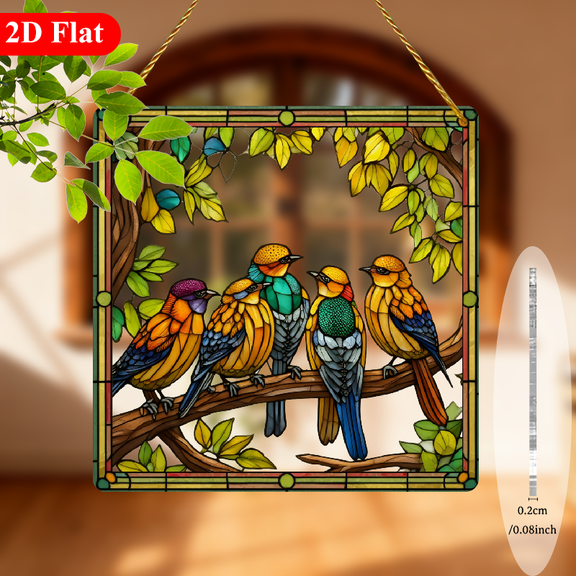 2D Flat anary Bird Theme Cartoon Square Art Suncatcher 8 Inch Window Hanging Plaque - Vibrant Stained Style Acrylic Home Decor with Colorful Birds Floral Design, Perfect Gift for Birthdays Holi