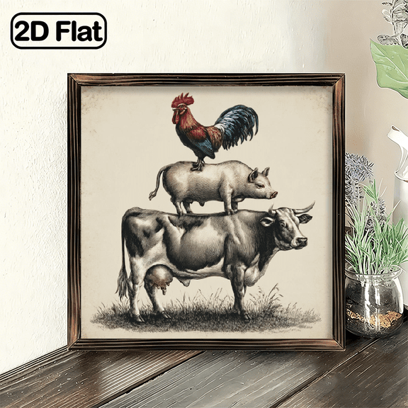 2D Flat, d 8x8 Inch Hanging Home Decor Sign, Rustic Farm Animal Stack Heart Hanging Sign Decor for Farmhouse Kitchen Living Room Garden Entrance Wall, Vintage Rooster Pig Cow D