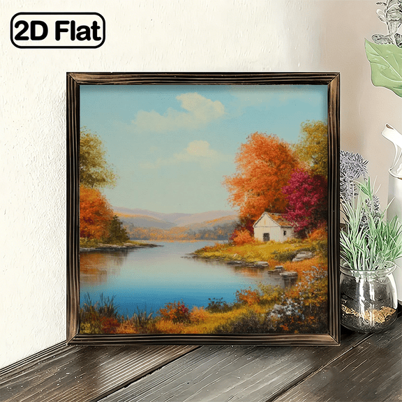 2D Flat, d Autumn Landscape Sign, Hanging d Decor Plaque 8x8 Inch, Scenic Lake House Wall Art Decor Plaque for Front Door Porch Living Room Bedroom, Perfect Housewar